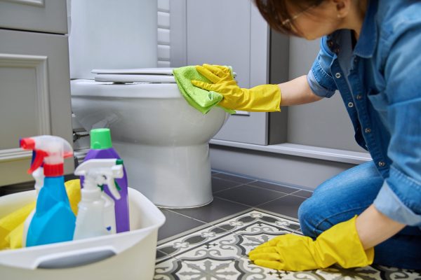 Woman housewife cleaning service worker in protective gloves using cleaning agent detergent professional rag to clean toilet in bathroom. Hygiene, disinfection, housekeeping, housework, housecleaning